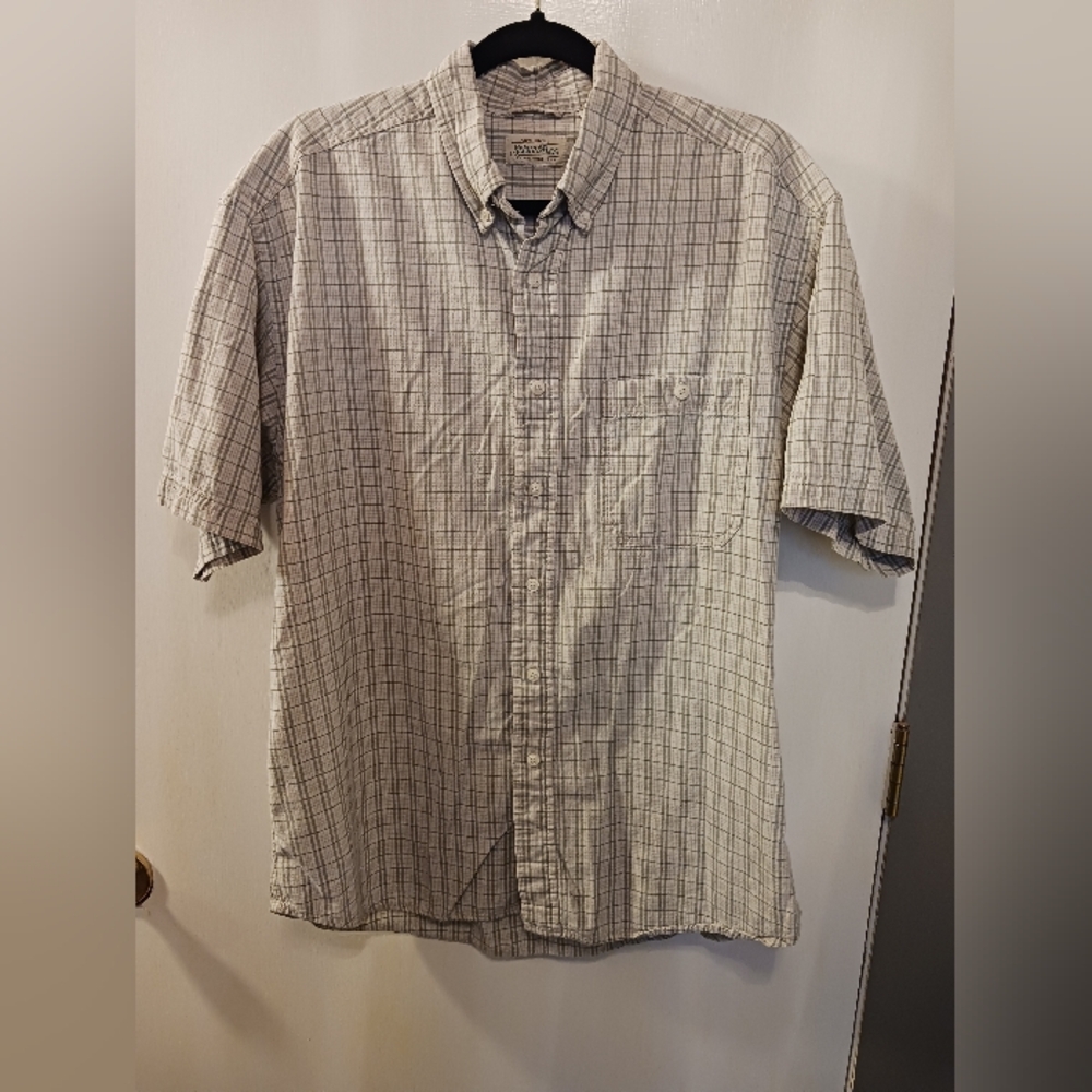 St. John's Bay L Mens 100% Cotton Med Weight Plaid Button Down Shirt Gray Tan